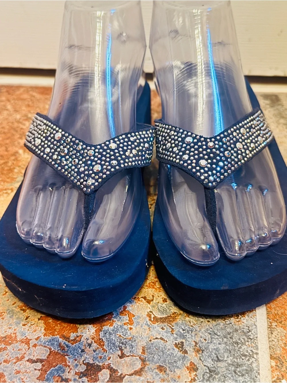 Like New Yellow Box Navy Blue Wedge Rhinestone Sandals! - Picture 11 of 15